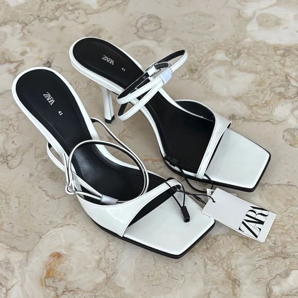 NWT Zara Strappy Patent Leather Asymmetrical Square Toe Heeled Sandals